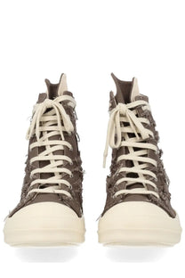 Drkshdw men’s sneaker alta in denim brown with distressed frayed fabric cream laces and rubber soles