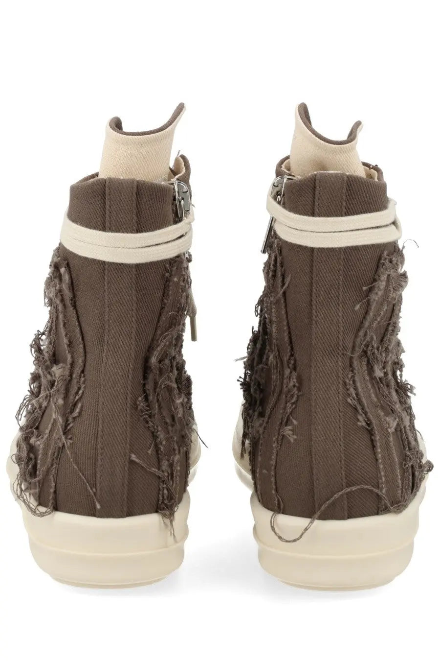 Drkshdw men’s sneaker alta in denim brown with brown high top canvas and distressed detailing cream soles