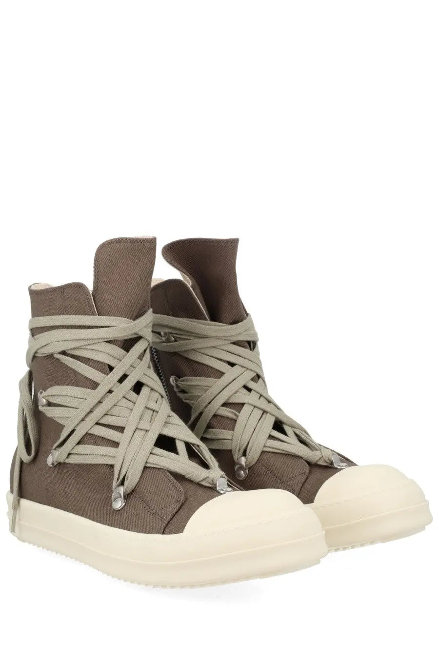 Drkshdw men’s sneaker megalace brown high-top sneakers with intricate light gray lacing and white rubber sole