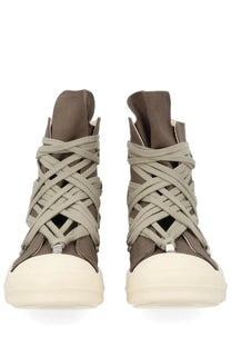 Tan DRKSHDW men’s high-top sneakers with distinctive crisscross lacing and thick off-white rubber soles