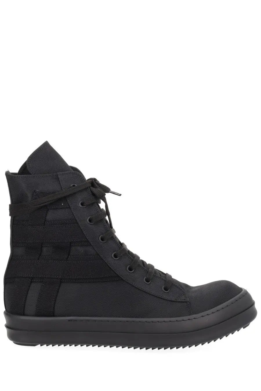 Drkshdw men’s sneaker vegan sneaks black black high-top sneaker with tactical straps and chunky rubber sole