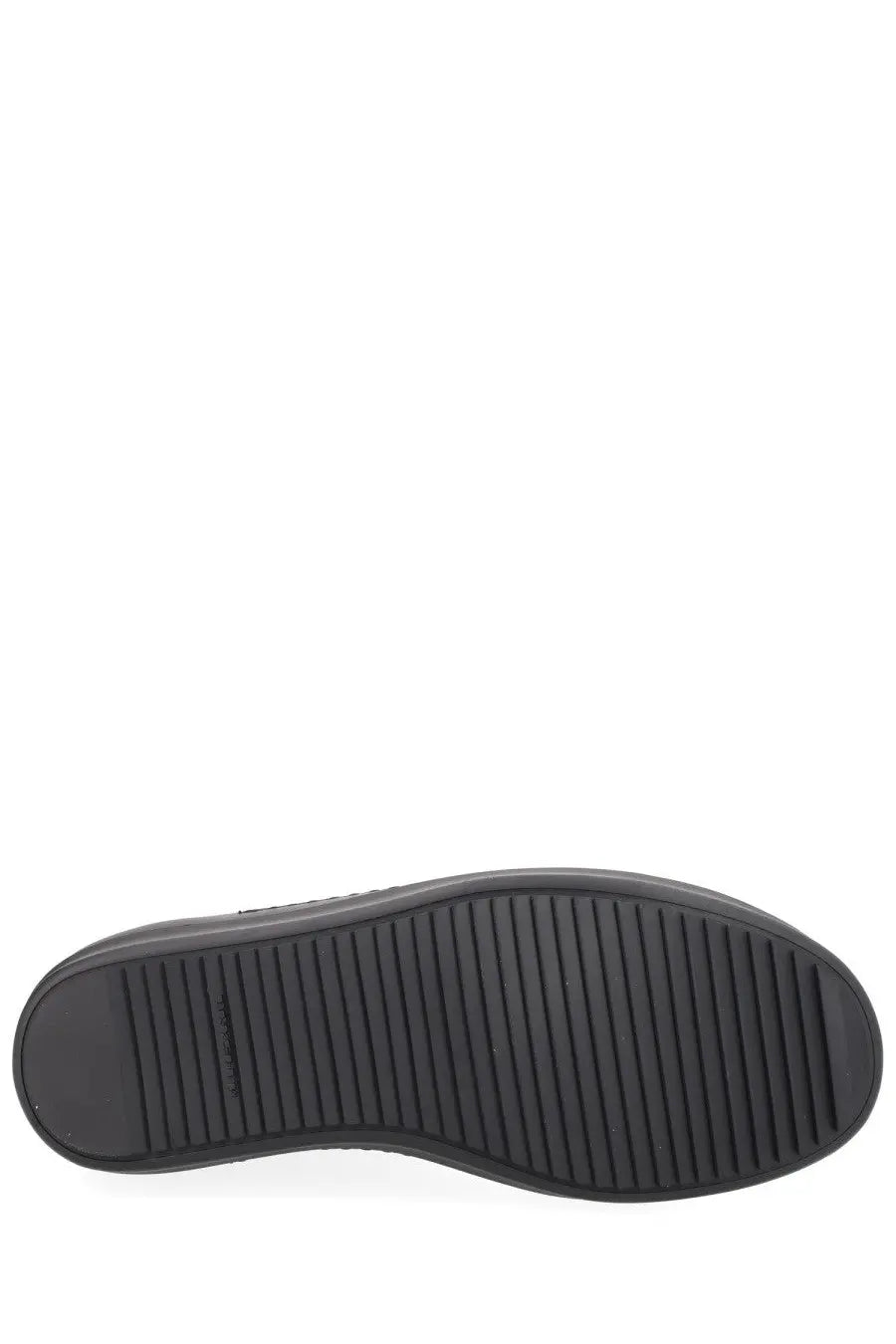 Black rubber sole with textured ribbed pattern for grip on drkshdw men’s sneaker vegan sneaks black