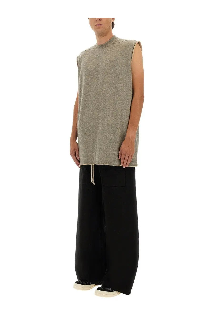 A loose-fitting olive green sleeveless knit top with ribbed neckline and asymmetrical hemline in drkshdw mens tarp plush shirt grey style