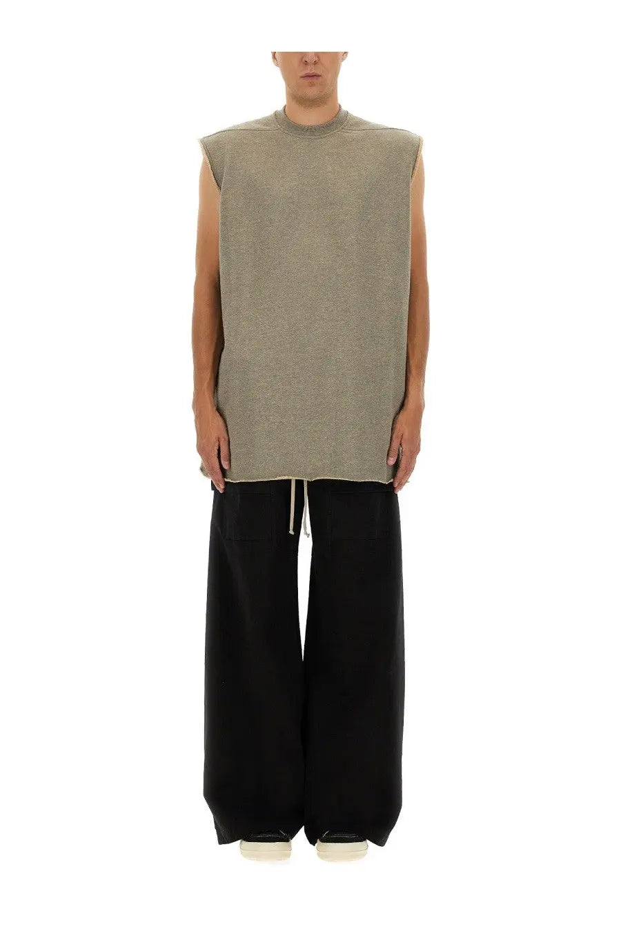 Drkshdw men’s tarp plush shirt grey is a loose-fitting sleeveless olive green knit top with crew neckline and raw hem