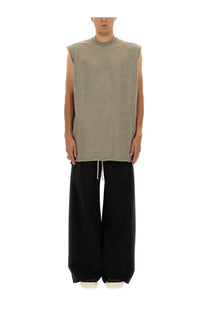 Drkshdw men’s tarp plush shirt grey is a loose-fitting sleeveless olive green knit top with crew neckline and raw hem