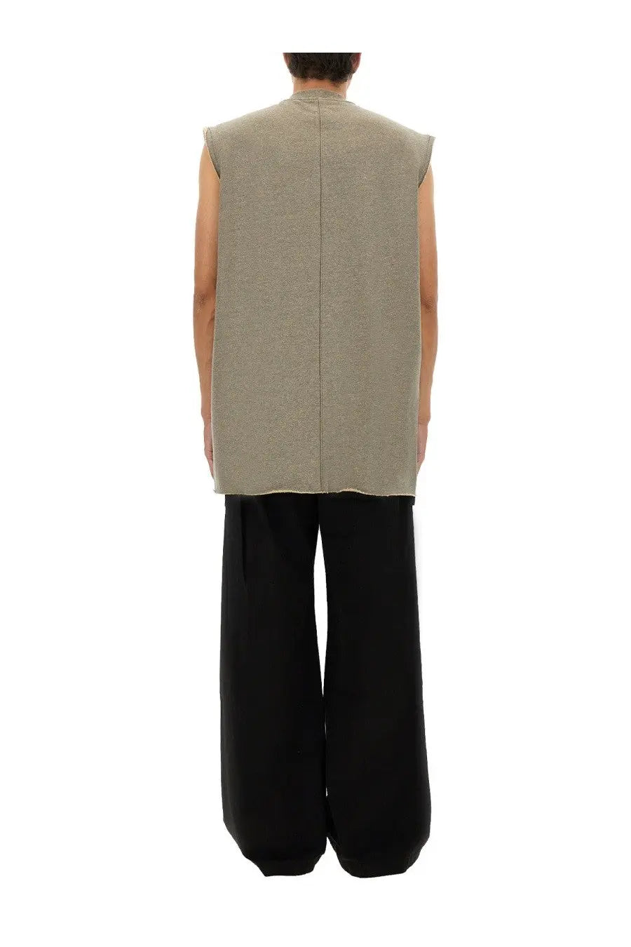 Drkshdw men’s tarp plush shirt grey sleeveless olive green textured vest with central seam and frayed hem
