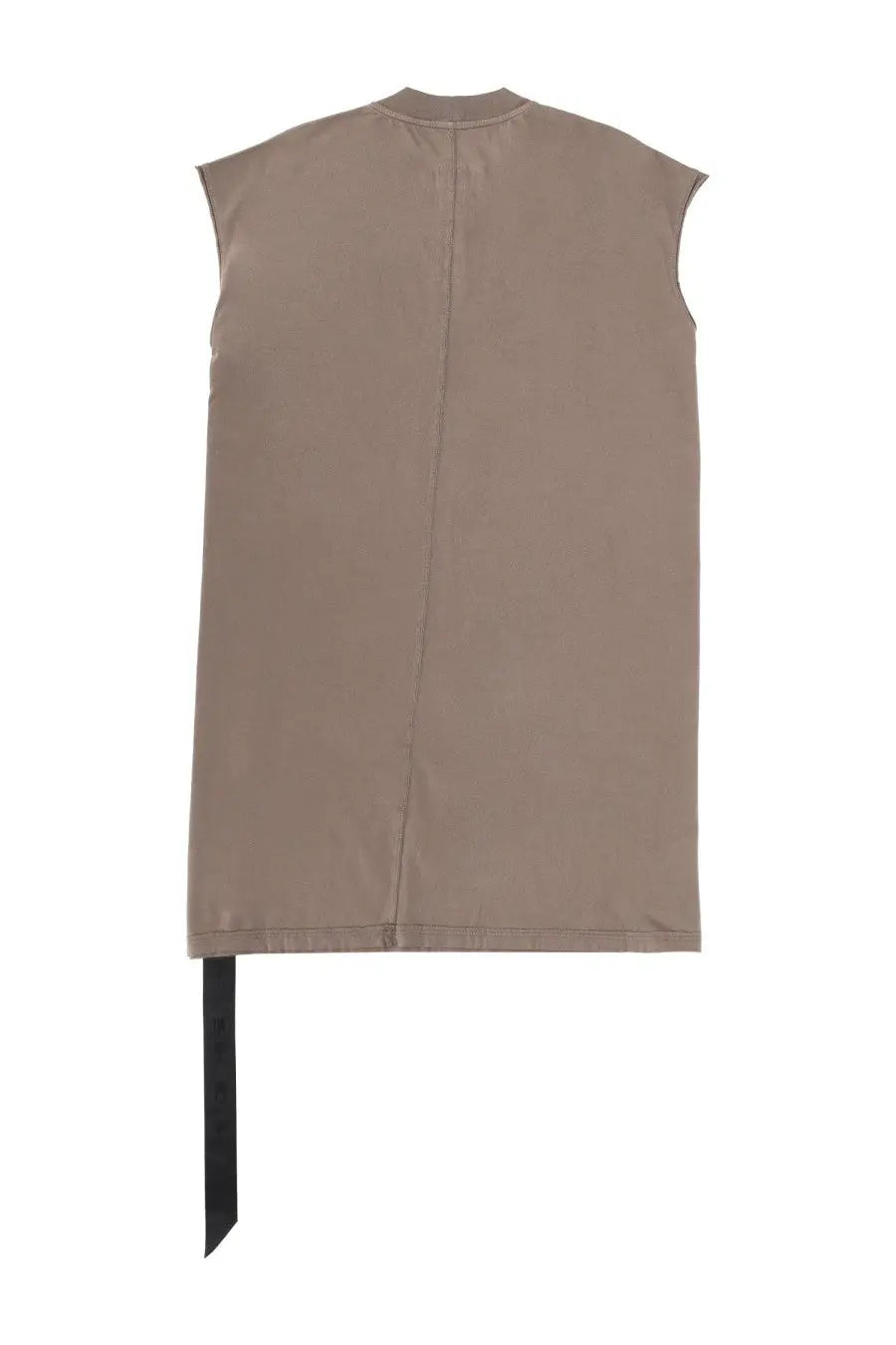 Beige sleeveless men’s tarp shirt by drkshdw with central seam and black ribbon tail detail visible from back