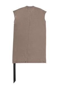Beige sleeveless men’s tarp shirt by drkshdw with central seam and black ribbon tail detail visible from back