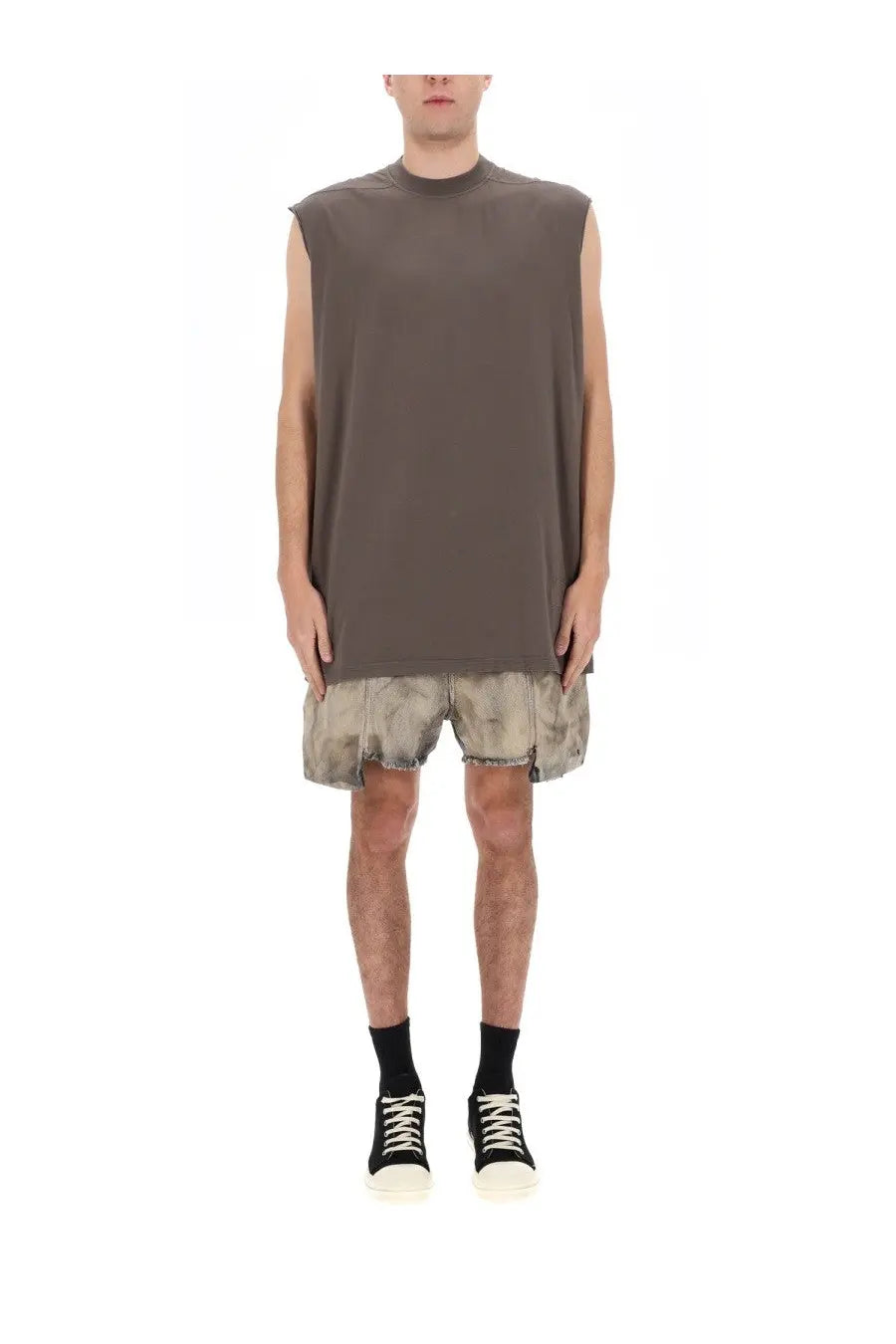 Drkshdw men’s loose-fitting dark gray sleeveless t-shirt with high neckline and frayed hem in tarp shirt brown style