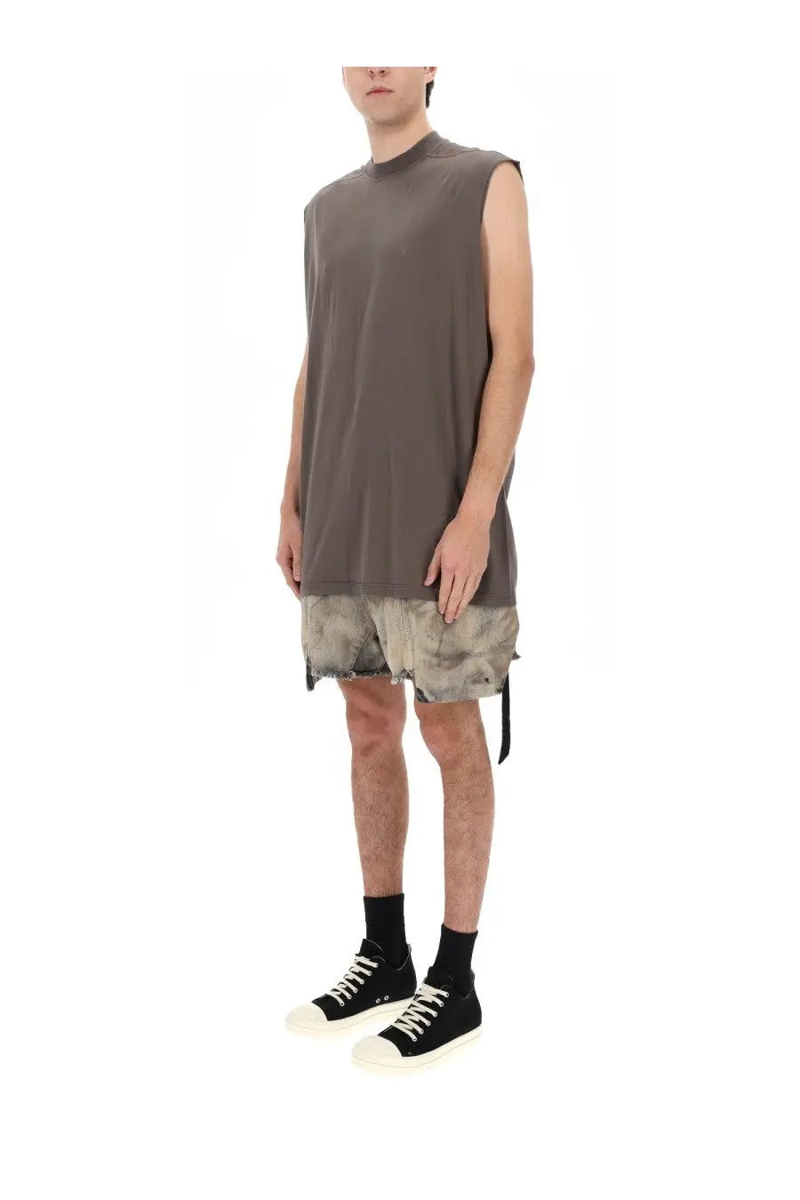 Drkshdw men’s tarp shirt brown gray sleeveless high neck t-shirt with relaxed oversized fit