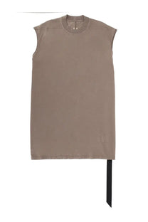 Drkshdw men’s tarp shirt brown featuring a minimalist beige sleeveless dress with round neckline and black tie hem