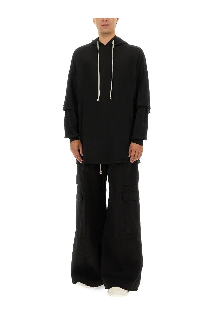 Drkshdw men’s tommy hustler hoodie black with white drawstrings and layered long sleeves in a hooded sweatshirt design