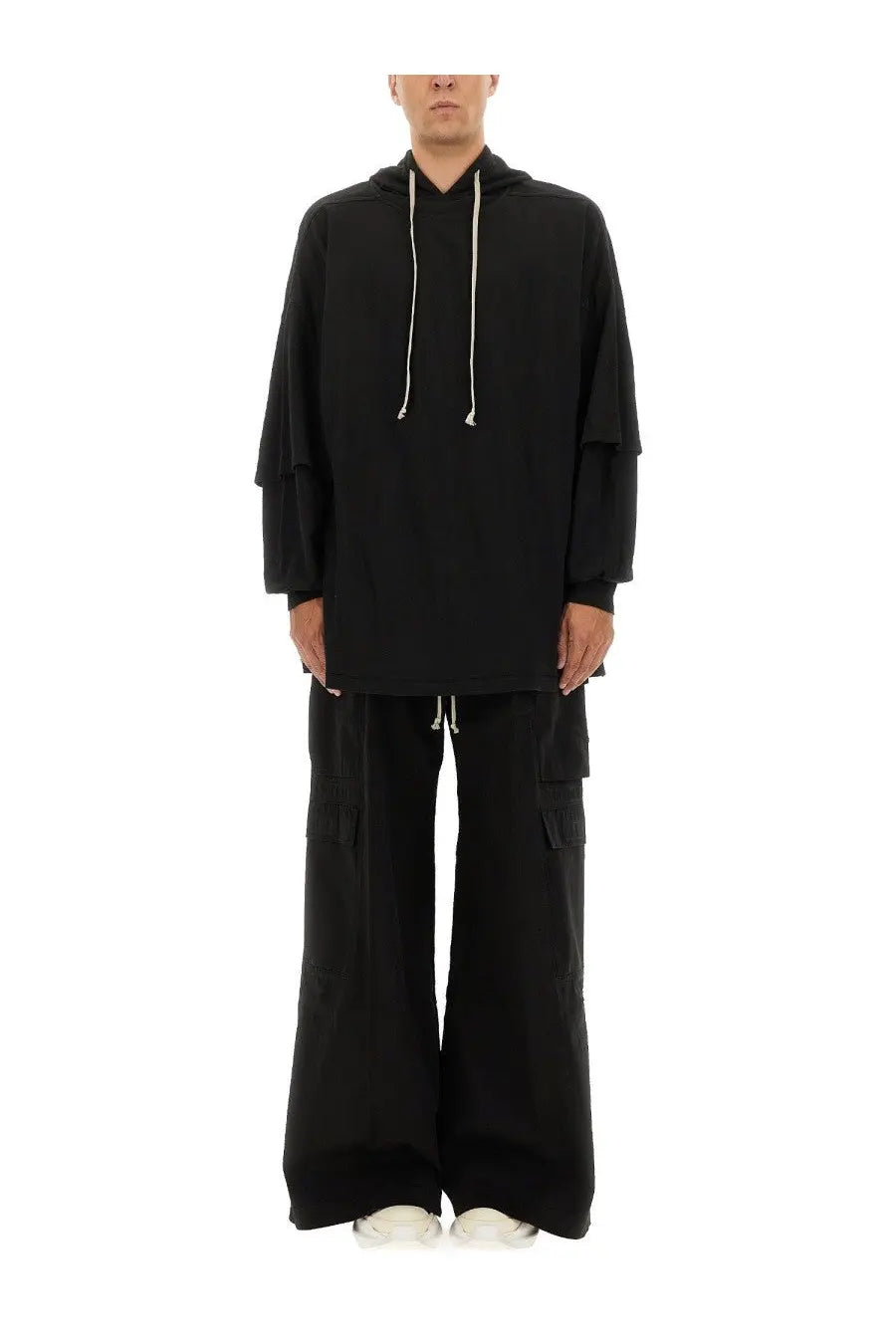 Black oversized hoodie with white drawstrings and layered sleeves from drkshdw men’s tommy hustler collection