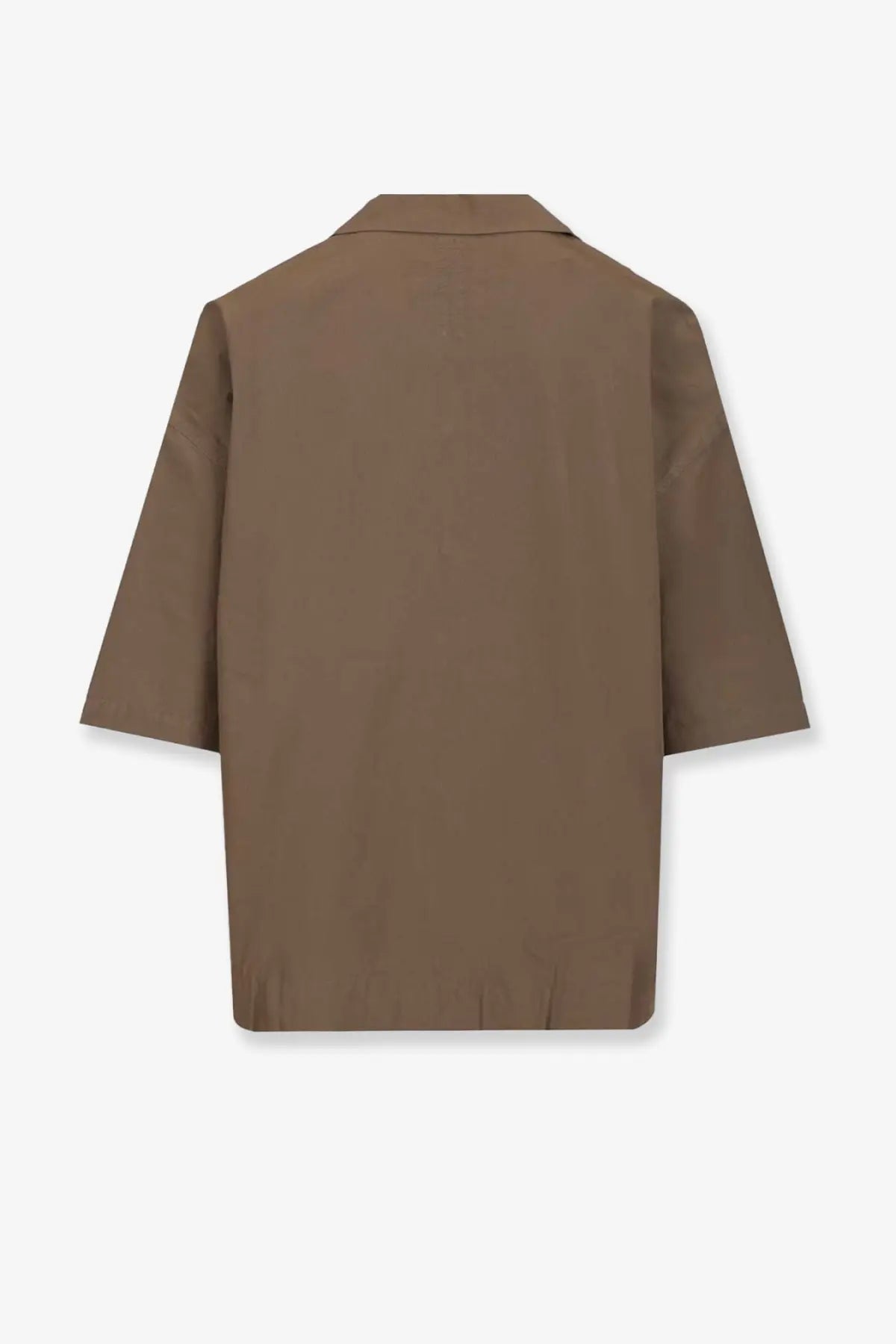 Brown minimalist blazer with structured collar and three quarter sleeves made from smooth lightweight fabric