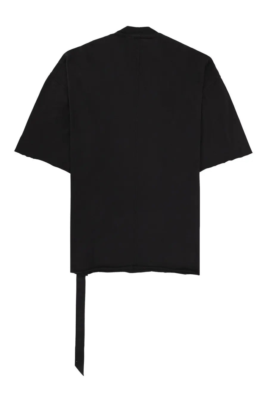 Black oversized short-sleeved DRKSHDW men’s tommy shirt with raw hem and tie detail at the back view