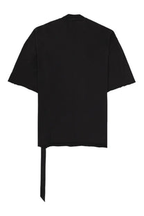 Black oversized short-sleeved DRKSHDW men’s tommy shirt with raw hem and tie detail at the back view