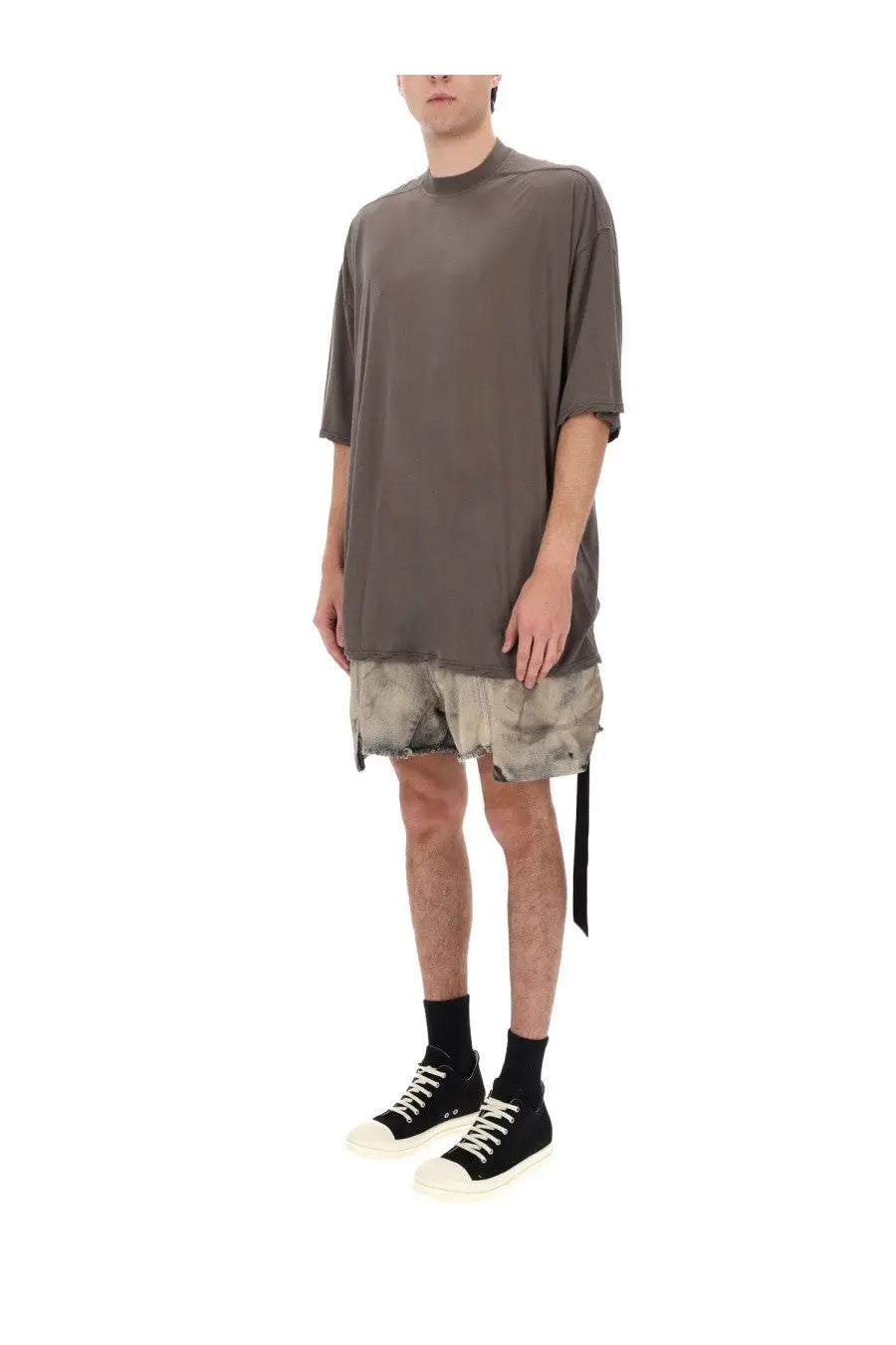 Drkshdw men’s tommy shirt brown loose-fitting oversized charcoal gray cotton t-shirt with crew neck and three-quarter sleeves