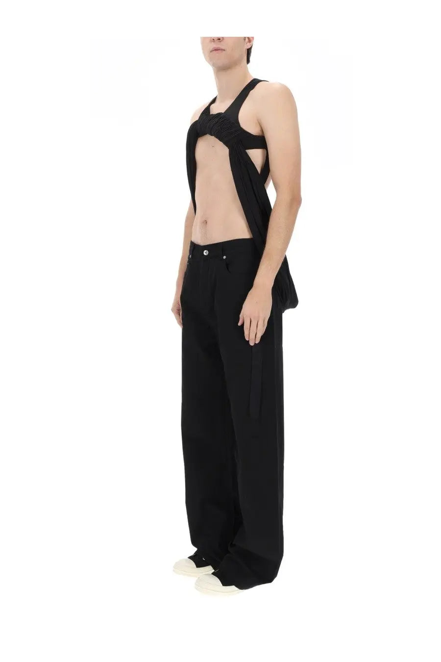 Drkshdw men’s black sleeveless top harness with cut-out design and asymmetrical draping for edgy fashion