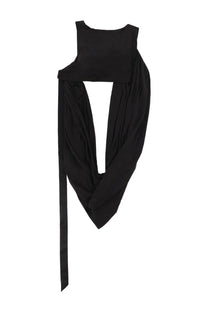 Drkshdw men’s sleeveless black top harness with draped asymmetrical design and long fabric tie front view