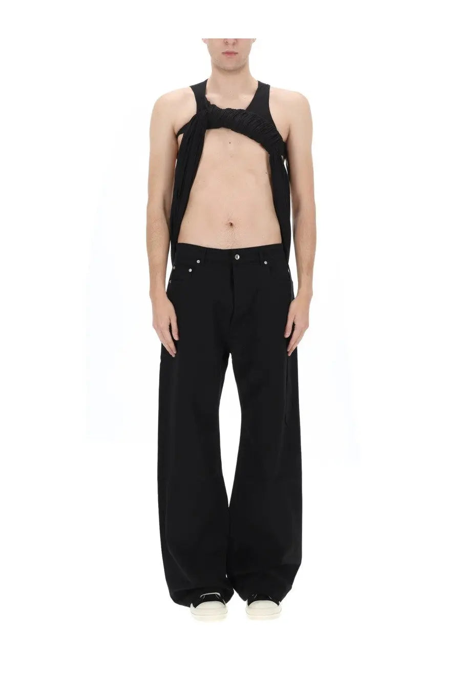 Drkshdw men’s black sleeveless top harness with knotted front design in soft fabric for casual wear