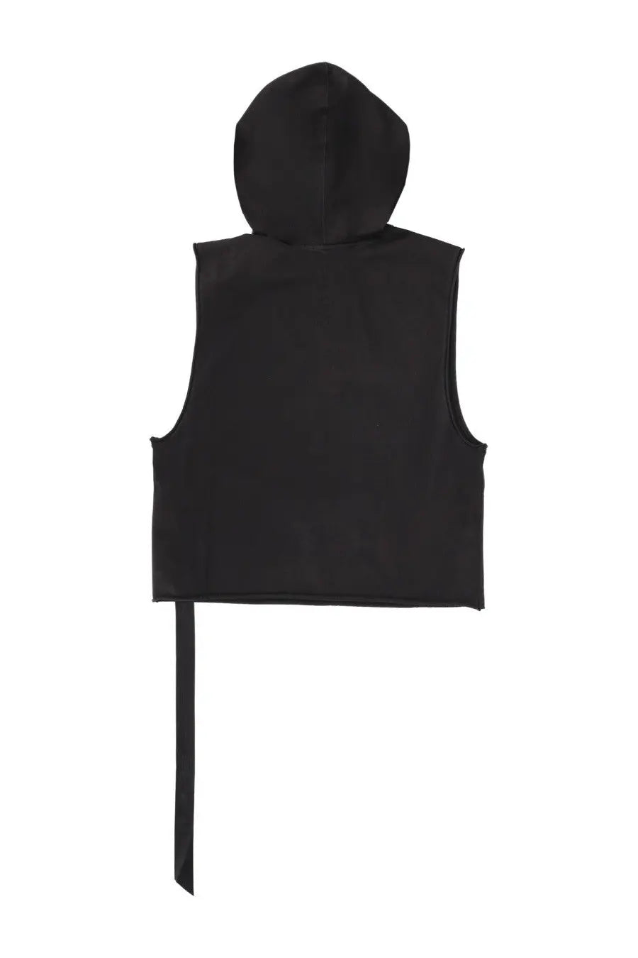 Drkshdw men’s black hooded tunic cropped hoodie vest with hood and side tie front view