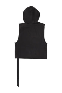 Drkshdw men’s black hooded tunic cropped hoodie vest with hood and side tie front view
