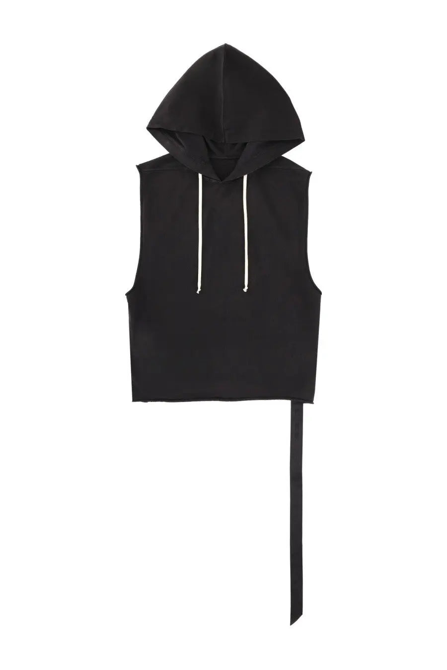 Drkshdw men’s black sleeveless hooded tunic with white drawstrings and long black fabric tie at the hem