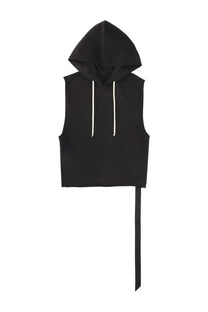 Drkshdw men’s black sleeveless hooded tunic with white drawstrings and long black fabric tie at the hem