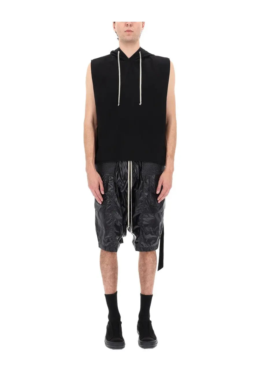 Drkshdw men’s top hooded tunic black sleeveless hoodie with white drawstrings and glossy textured fabric finish