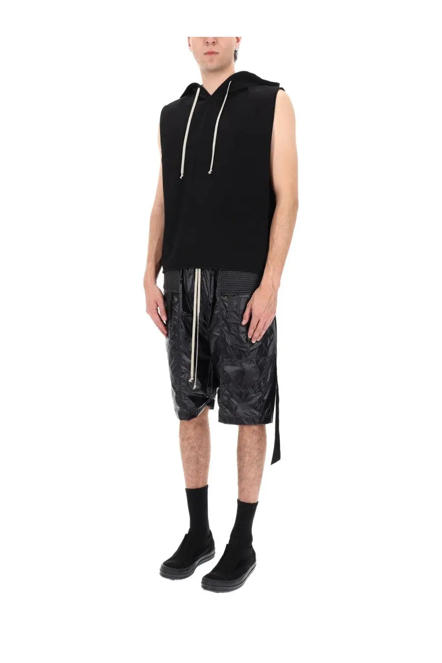 Drkshdw men’s black sleeveless hoodie with white drawstrings paired with glossy patterned black shorts