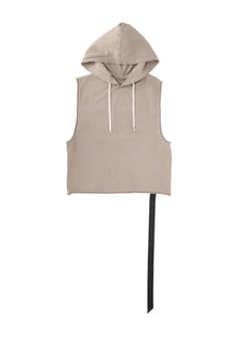 Beige sleeveless hoodie with drawstring hood and black ribbon hem from DRKSHDW men’s top hooded tunic brown collection