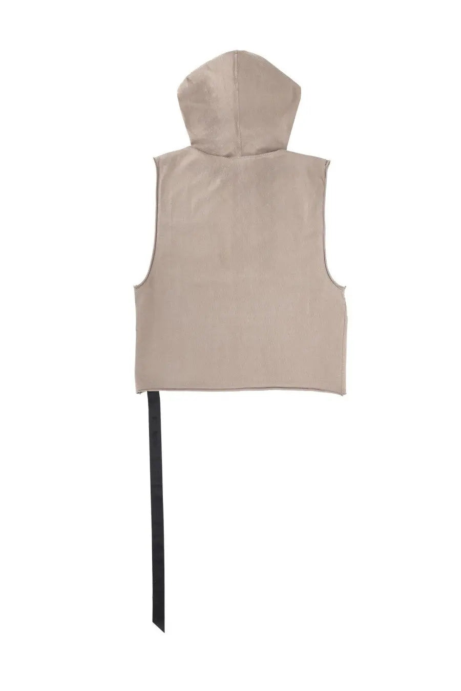 Beige hooded vest with black ribbon detail from drkshdw men’s top hooded tunic brown shown from back side