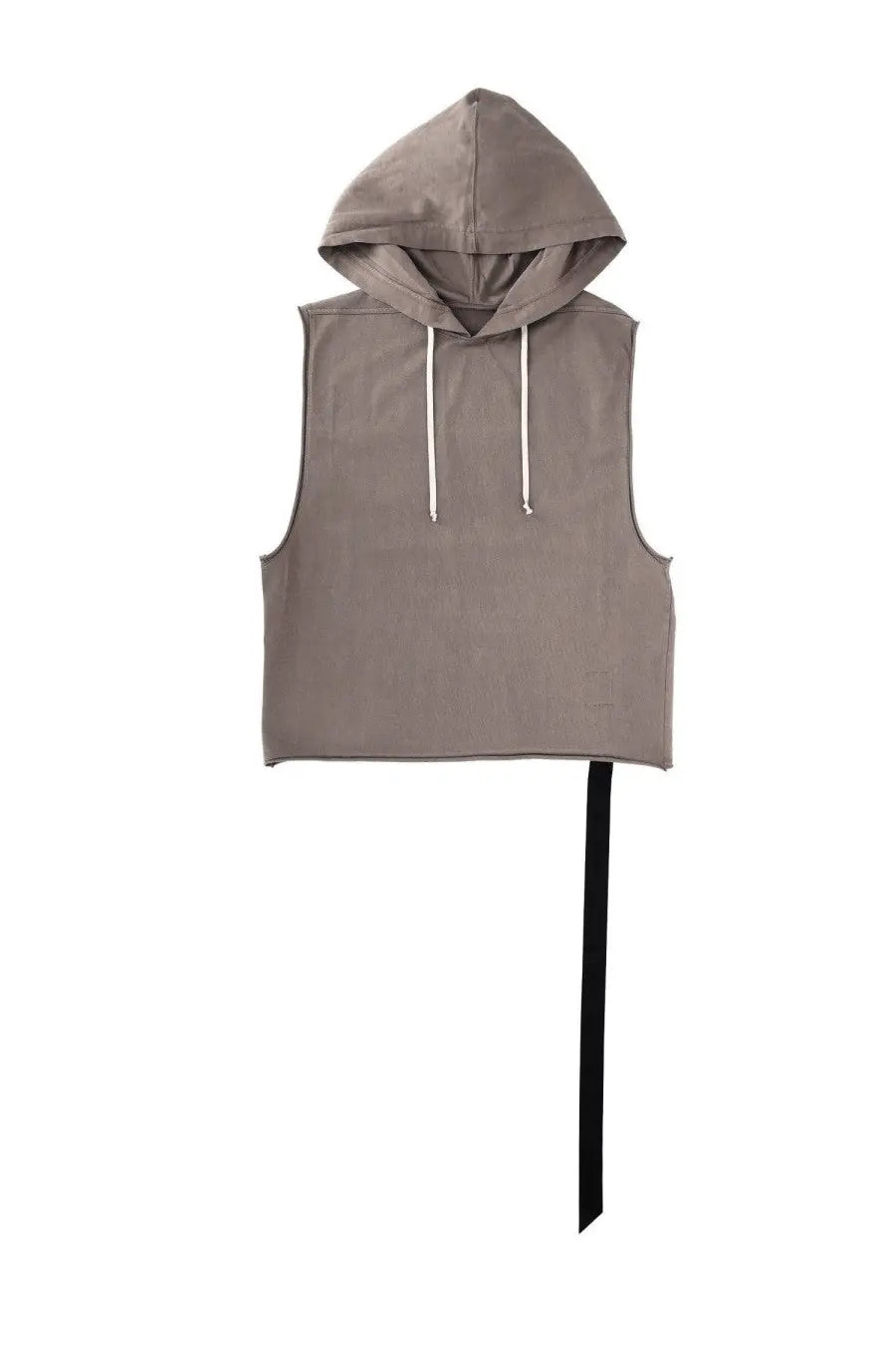 Drkshdw men’s sleeveless gray hoodie with drawstring hood and long black strap in front view