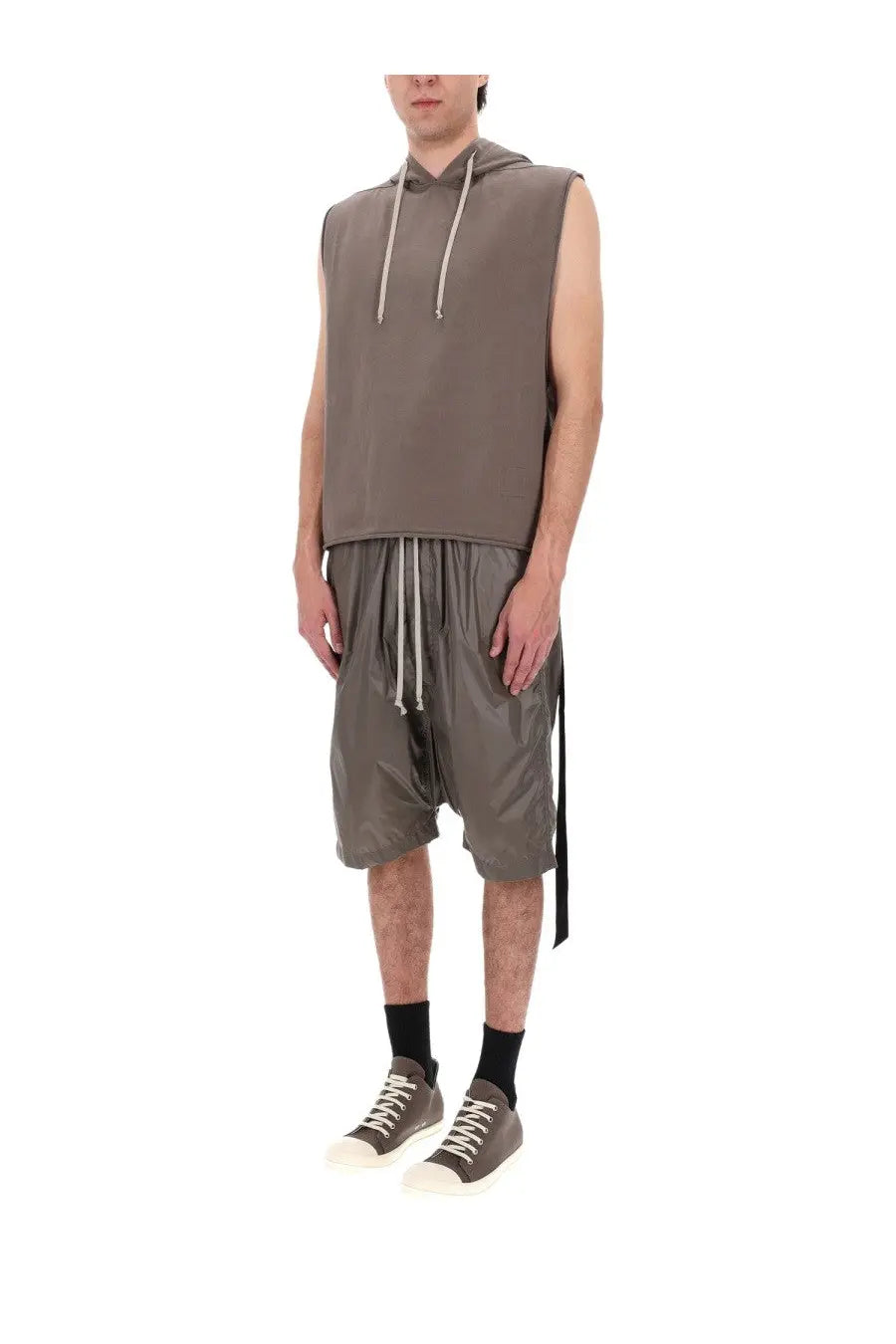Drkshdw men’s brown sleeveless hooded tunic with a matte gray drawstring hood and waistband
