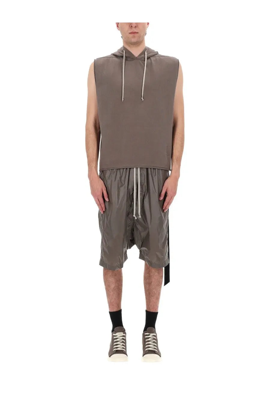 Drkshdw mens hooded tunic brown sleeveless relaxed fit top with muted gray hood and matching drawstrings
