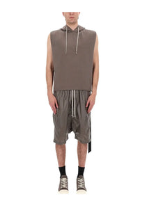 Drkshdw mens hooded tunic brown sleeveless relaxed fit top with muted gray hood and matching drawstrings
