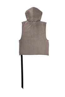 Drkshdw men’s taupe hooded vest with sleek minimalist design and black drawstring at the hem