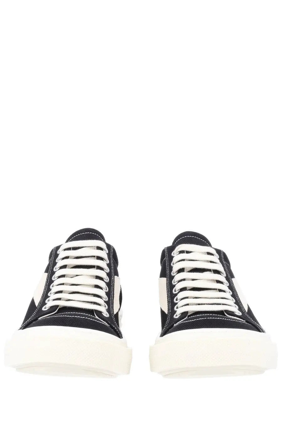 Drkshdw men’s vintage denim sneaker black low-top canvas with white laces thick off-white sole and white side panels