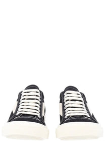 Drkshdw men’s vintage denim sneaker black low-top canvas with white laces thick off-white sole and white side panels