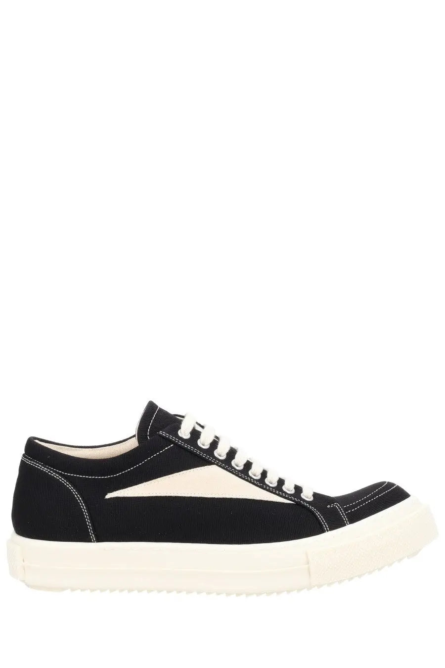 Drkshdw men’s vintage denim sneaker black with black canvas, cream triangular panel, white laces, and thick off-white sole