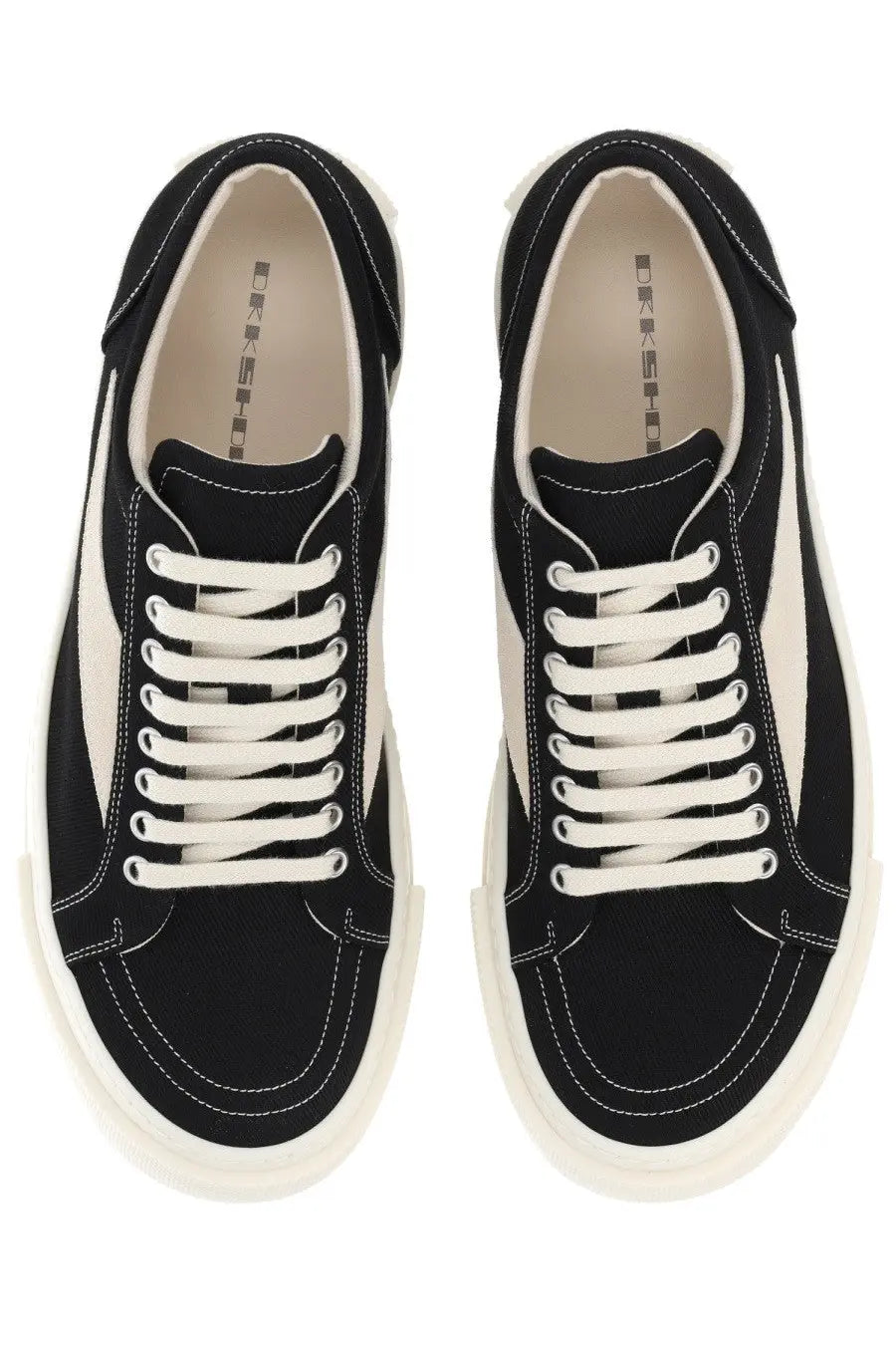 Drkshdw men’s vintage denim sneaker black featuring black canvas, white laces, cream side panels, and thick off-white sole