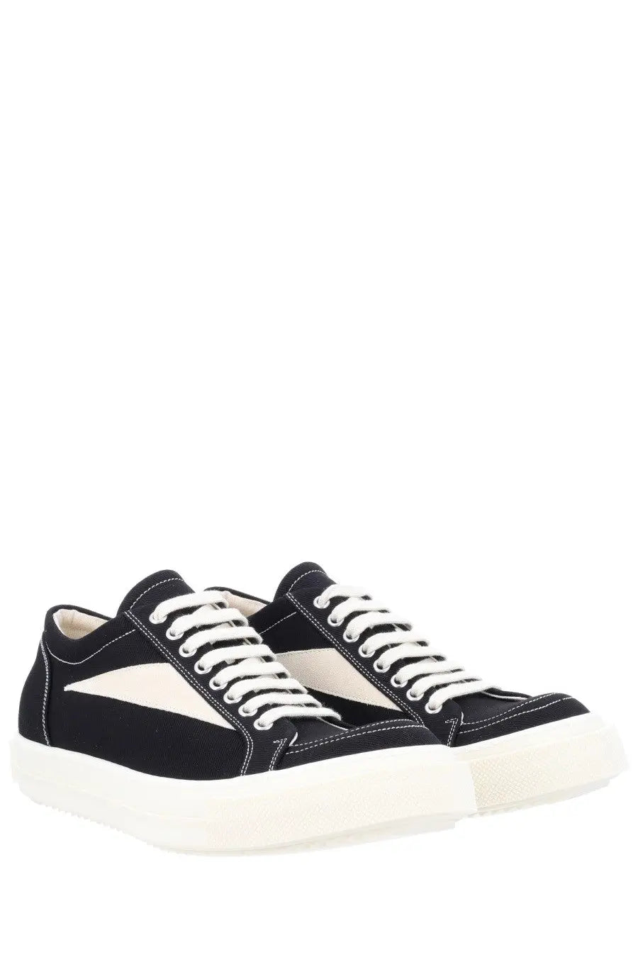Drkshdw men’s vintage denim sneaker black with black canvas, white laces, cream stripe, and thick off-white sole