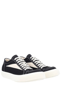 Drkshdw men’s vintage denim sneaker black with black canvas, white laces, cream stripe, and thick off-white sole