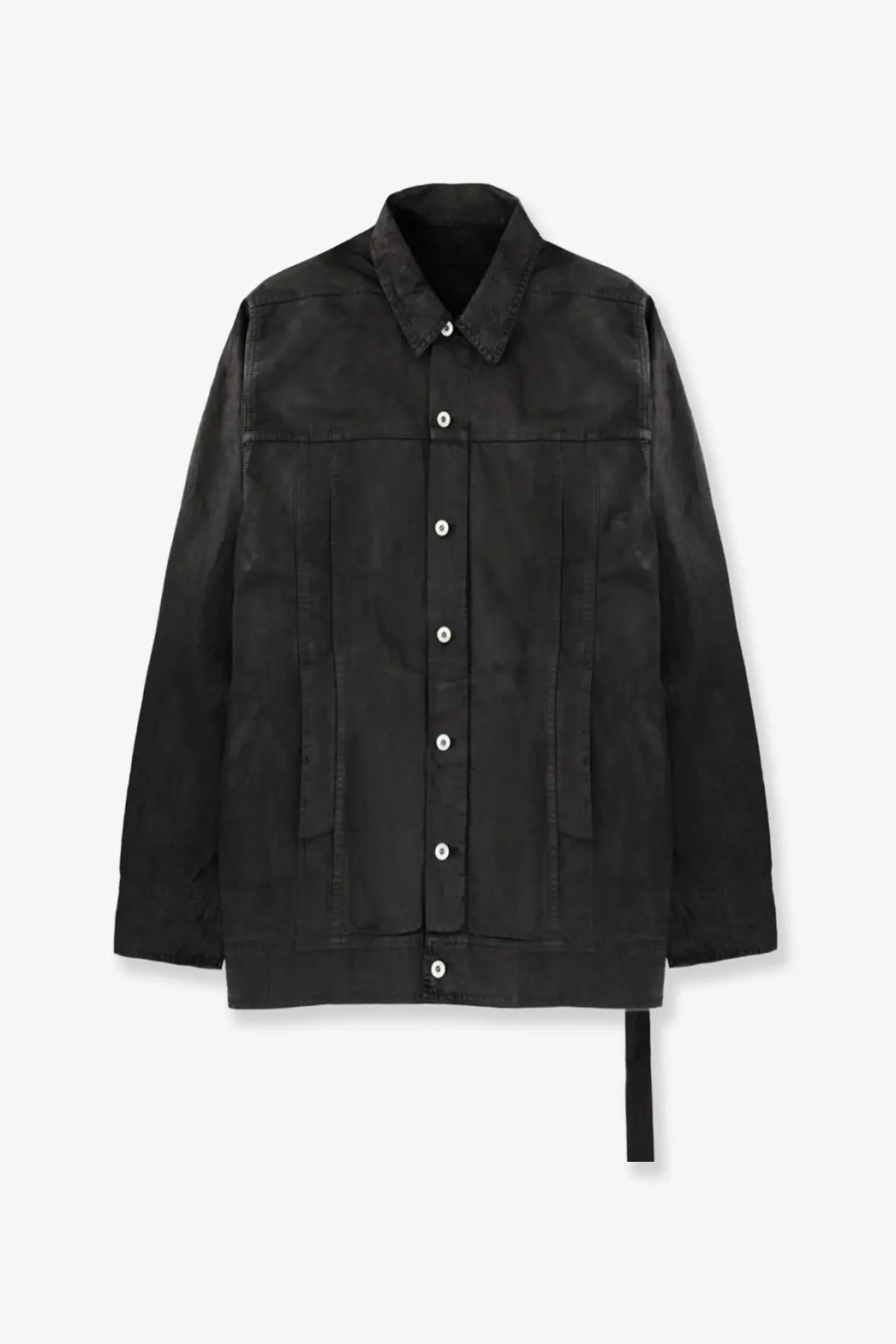 Drkshdw men’s waxed black denim jacket with classic collar button-front closure and subtle stitching details