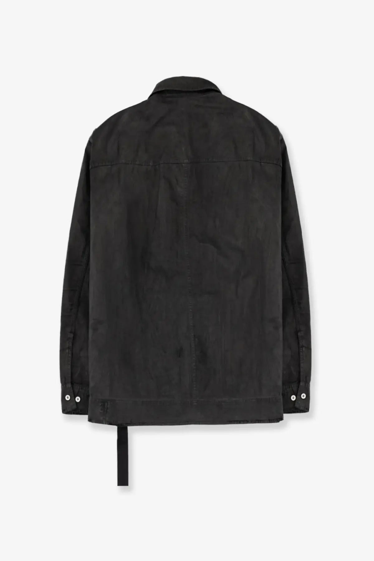 Black DRKSHDW men’s waxed denim jacket with subtle textured fabric and white button accents on the cuffs