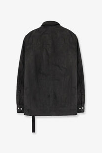 Drkshdw men’s waxed black denim utility jacket with subtle textured fabric and white button accents on cuffs