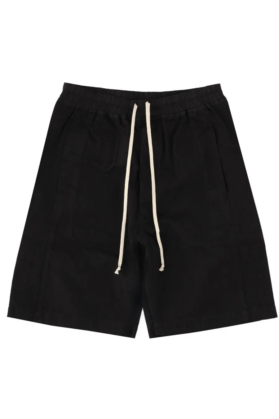 Drkshdw men’s wide pusher shorts in black with cream-colored drawstring and elastic waistband for casual wear