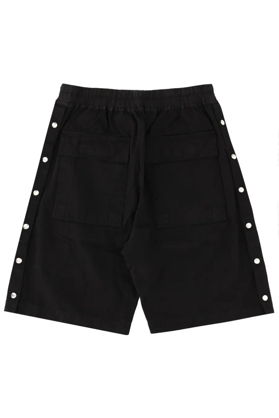 Drkshdw men’s wide pusher black shorts with drawstring waistband silver button accents and large side pockets