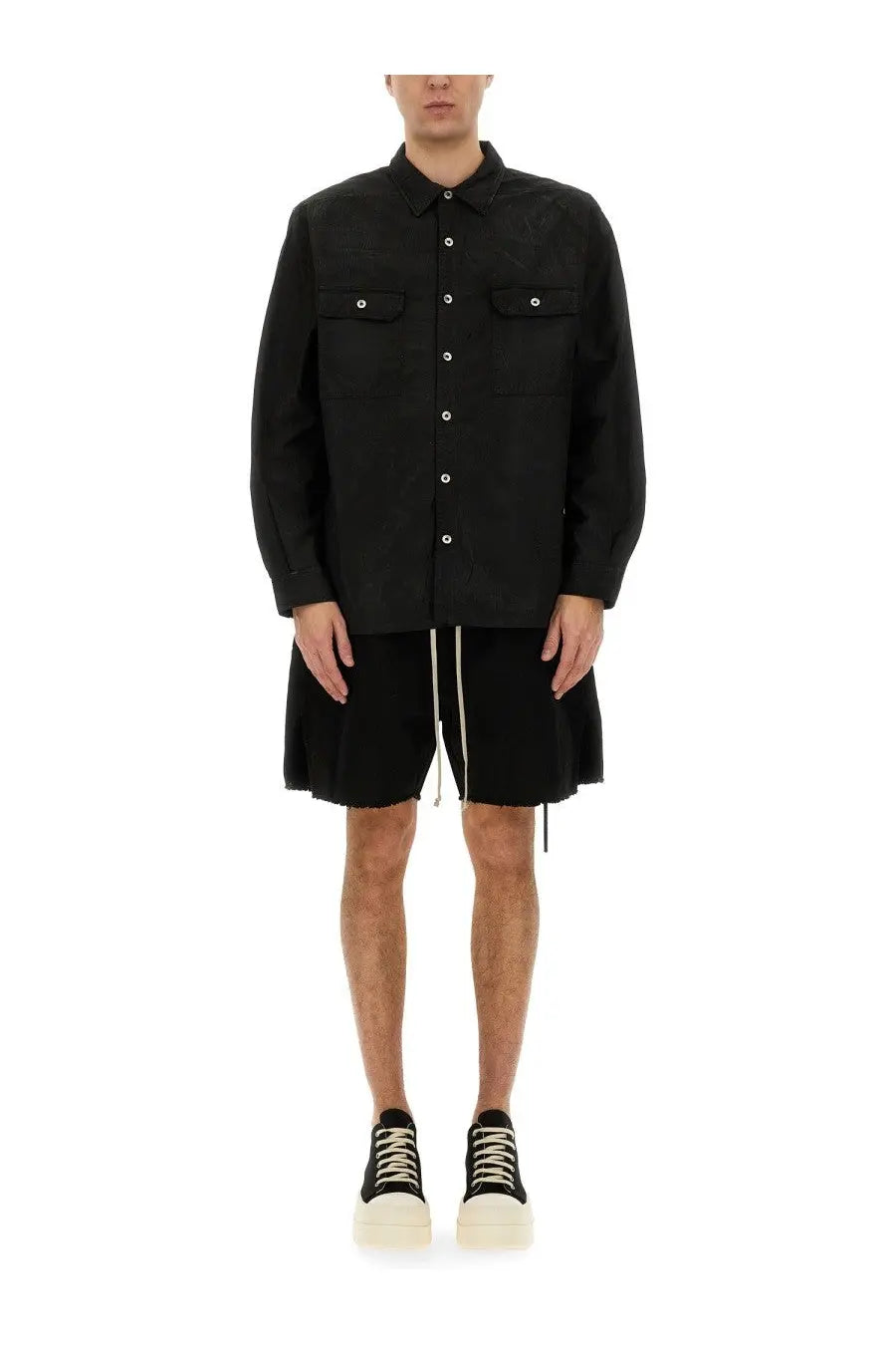 Drkshdw men’s black long sleeved button up shirt with two chest pockets and white buttons