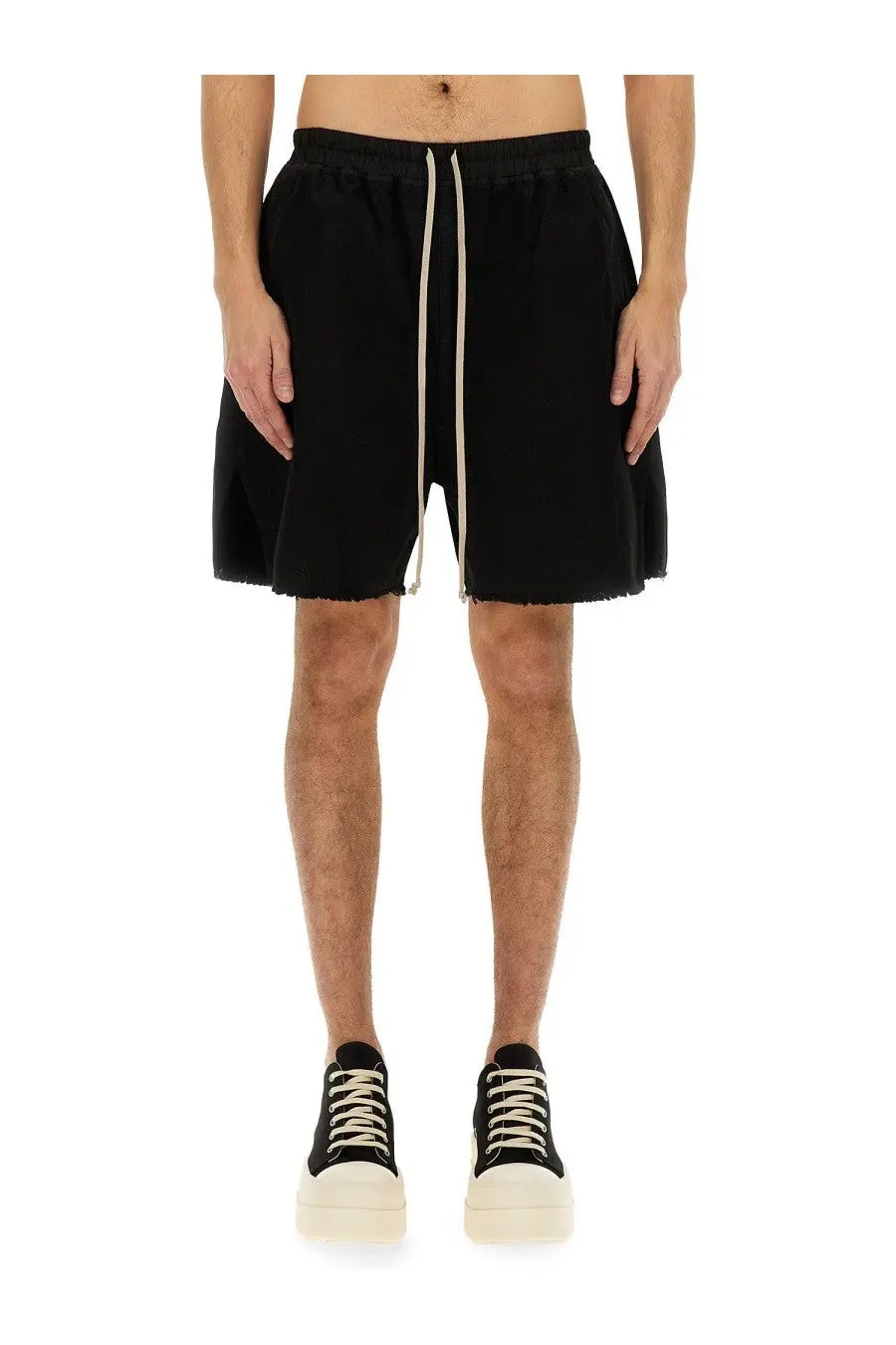 Drkshdw men’s black zippered boxer shorts with drawstring waist frayed hem and relaxed fit